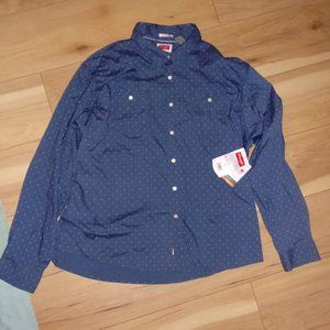 3XL-Blue Long-Sleeve Button Down Shirt-2 Pockets-Small Diamond Print-NWT